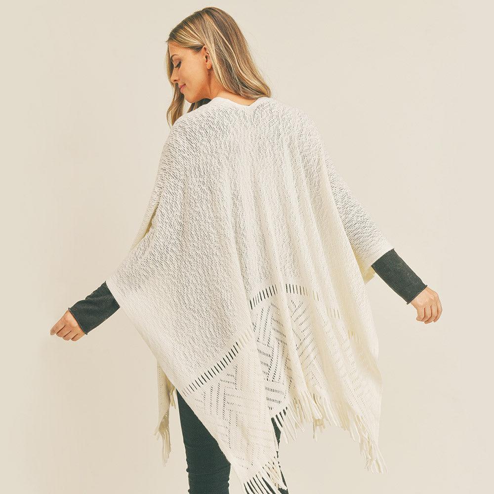 Ivory Herringbone Knit Fringe Ruana Poncho - Jewelry Store by Erik Rayo