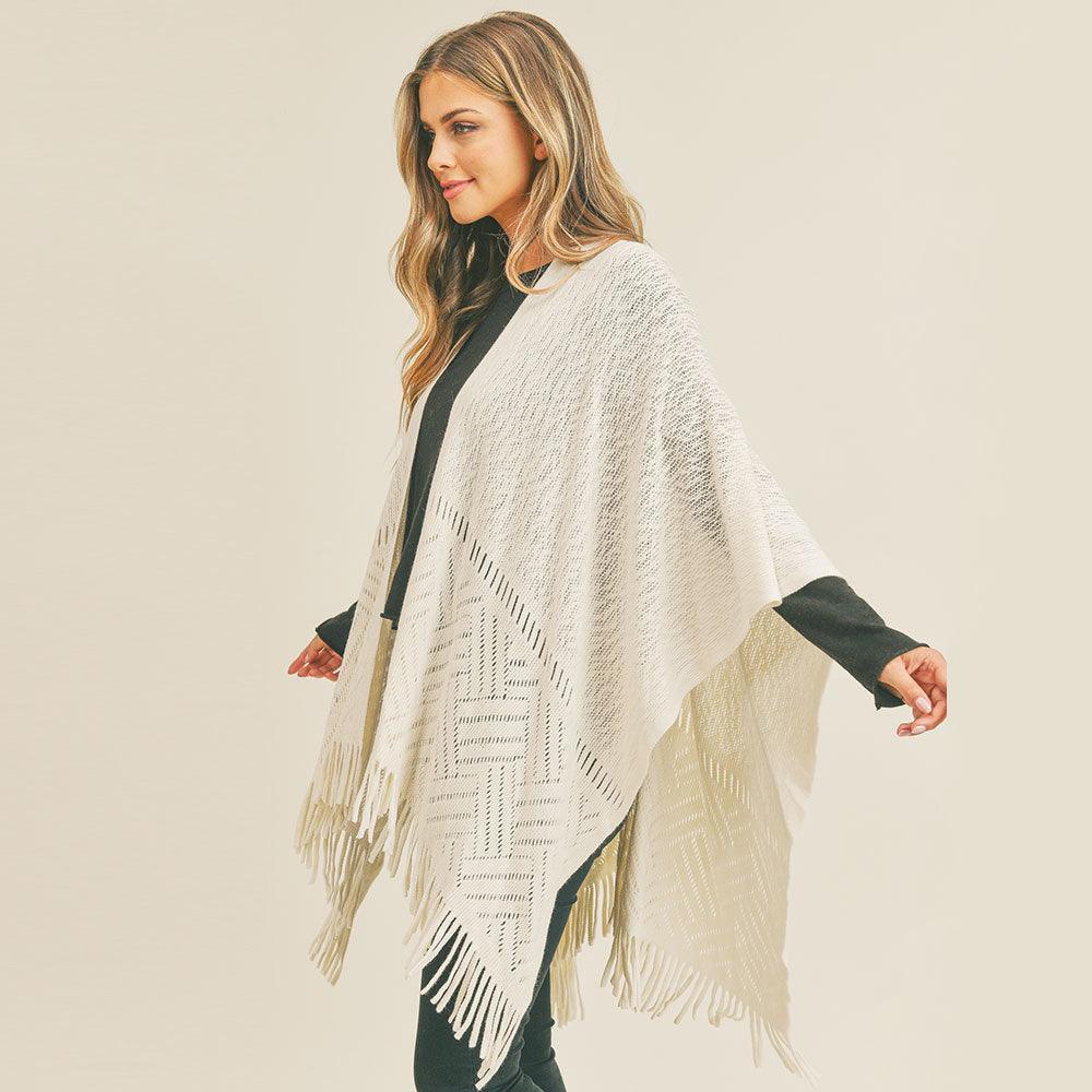 Ivory Herringbone Knit Fringe Ruana Poncho - Jewelry Store by Erik Rayo
