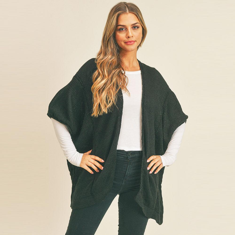 Black Braided Trim Lined Kimono Poncho