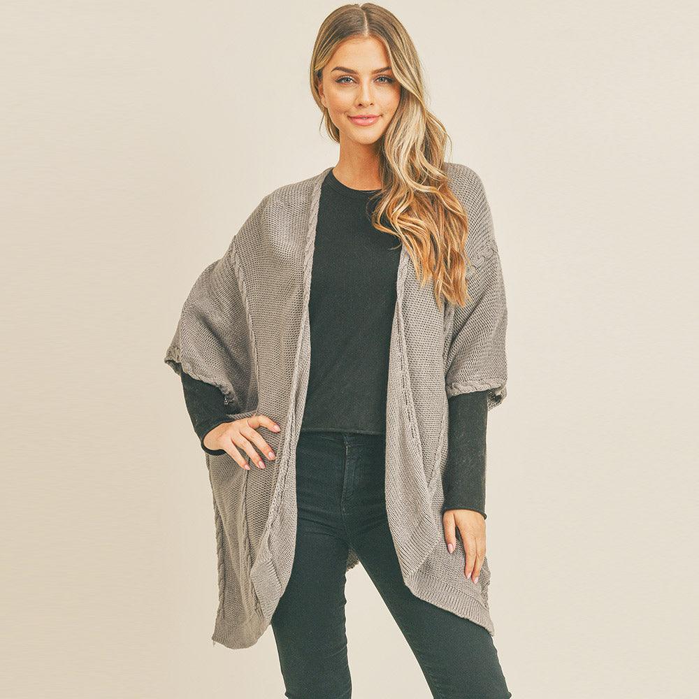 Gray Braided Trim Lined Kimono Poncho