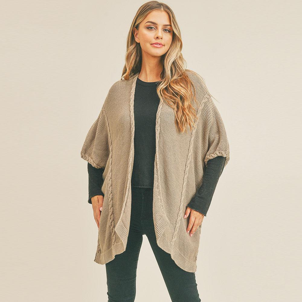 Taupe Braided Trim Lined Kimono Poncho