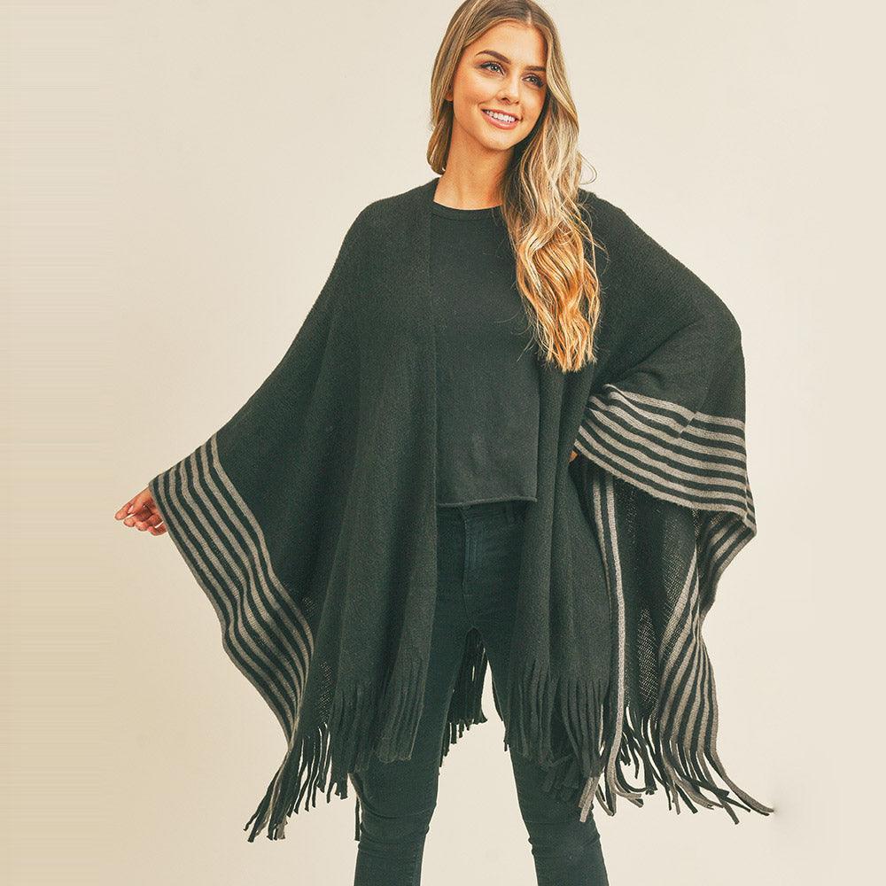 Black Stripe Pattern Bottom Ruana Poncho - Jewelry Store by Erik Rayo