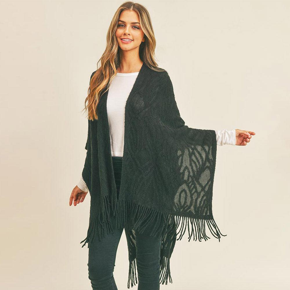 Black Embossed Pattern Tassel Ruana Poncho - Jewelry Store by Erik Rayo