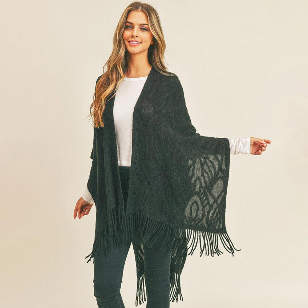 Black Embossed Pattern Tassel Ruana Poncho