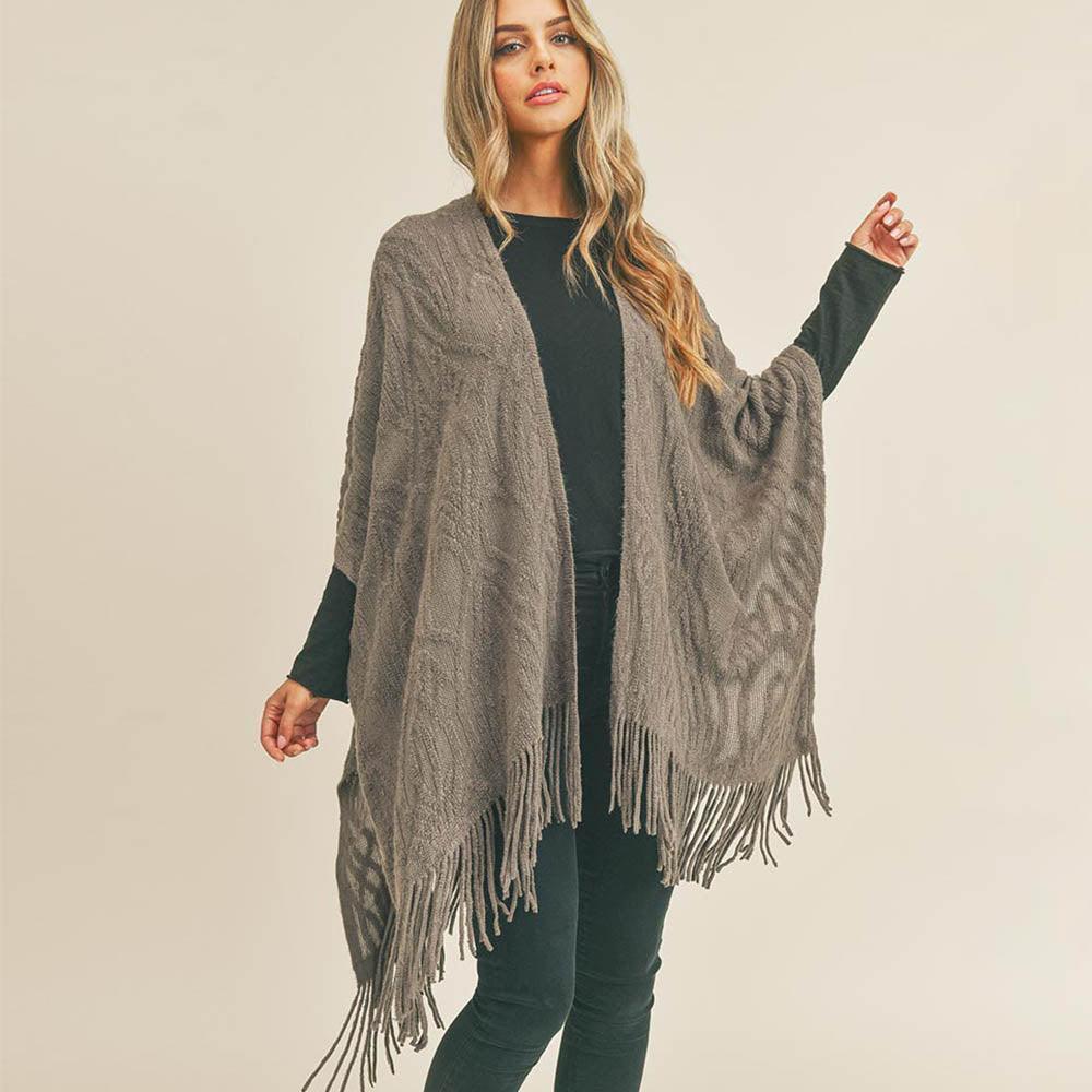 Gray Embossed Pattern Tassel Ruana Poncho - Jewelry Store by Erik Rayo