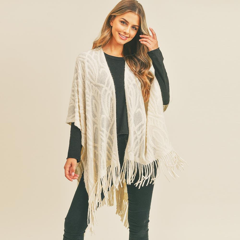 Ivory Embossed Pattern Tassel Ruana Poncho