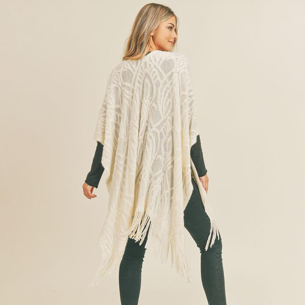 Ivory Embossed Pattern Tassel Ruana Poncho - Jewelry Store by Erik Rayo