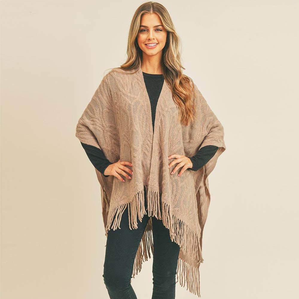 Taupe Embossed Pattern Tassel Ruana Poncho