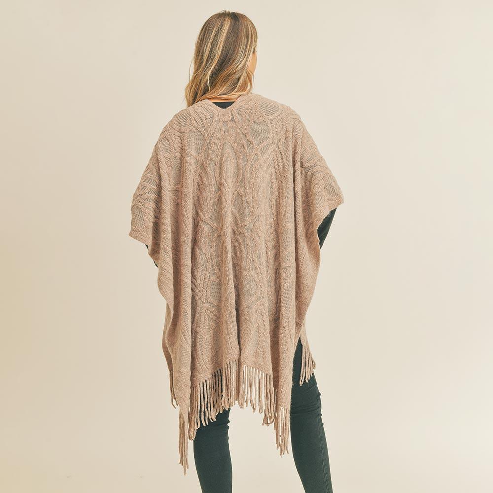 Taupe Embossed Pattern Tassel Ruana Poncho - Jewelry Store by Erik Rayo