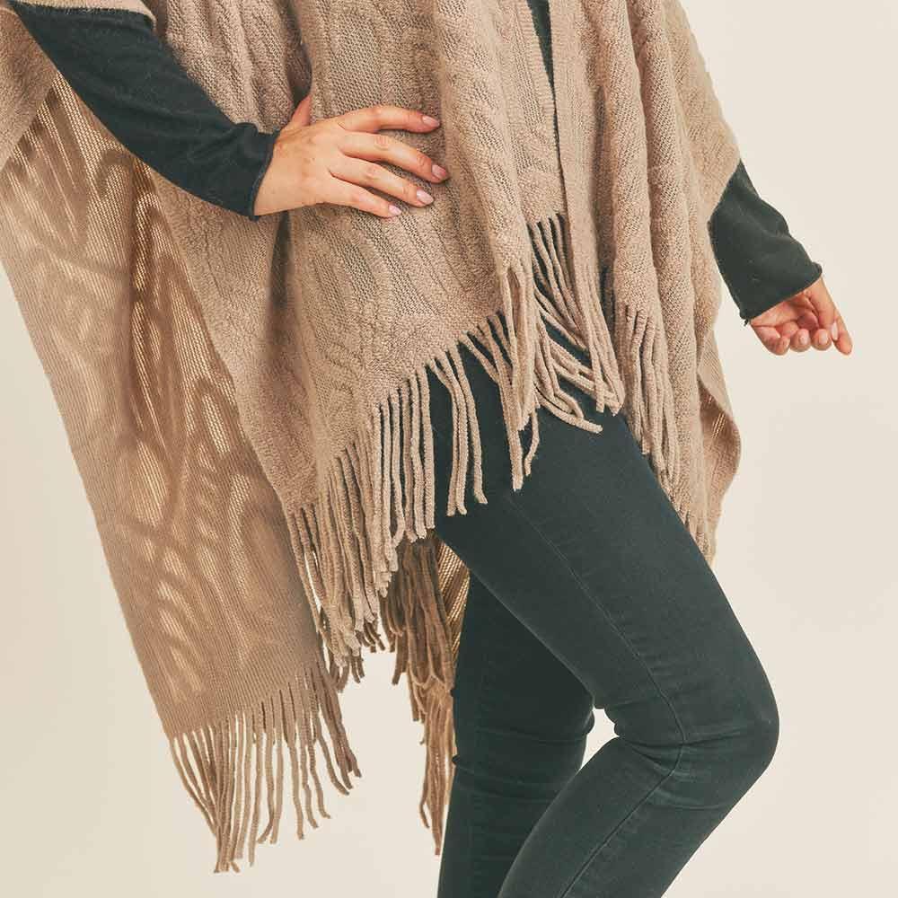 Taupe Embossed Pattern Tassel Ruana Poncho - Jewelry Store by Erik Rayo