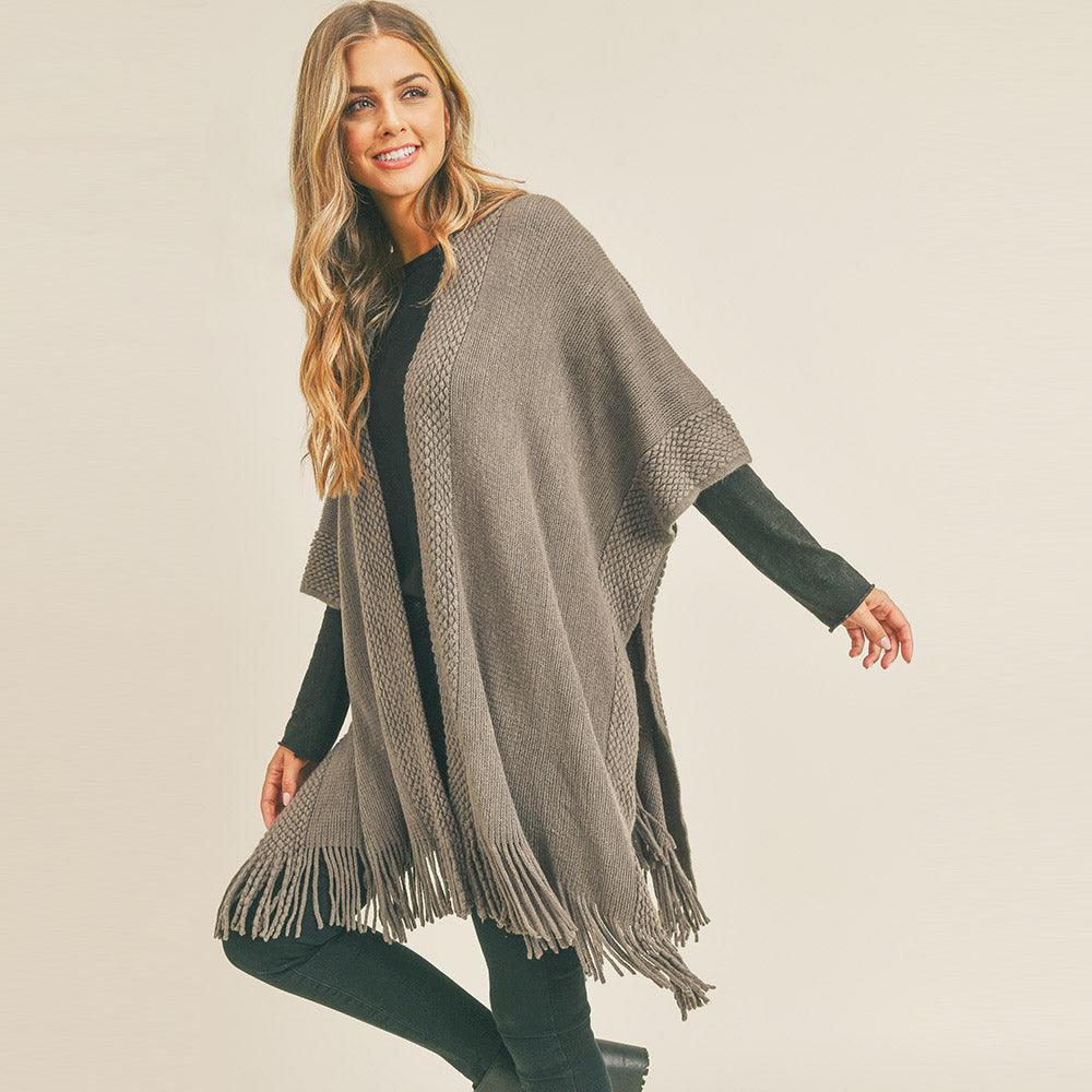 Gray Trim Detail Fringe Kimono Poncho - Jewelry Store by Erik Rayo