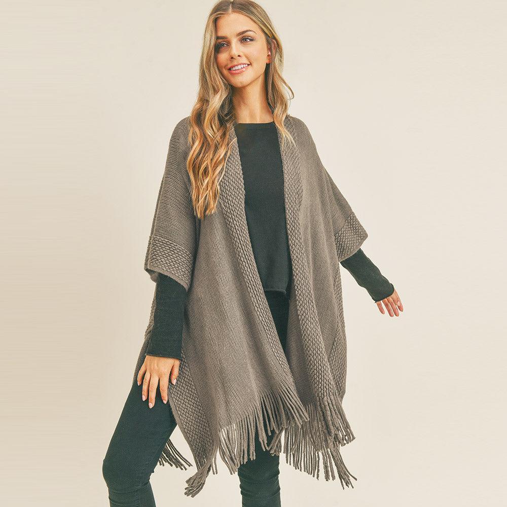 Gray Trim Detail Fringe Kimono Poncho - Jewelry Store by Erik Rayo