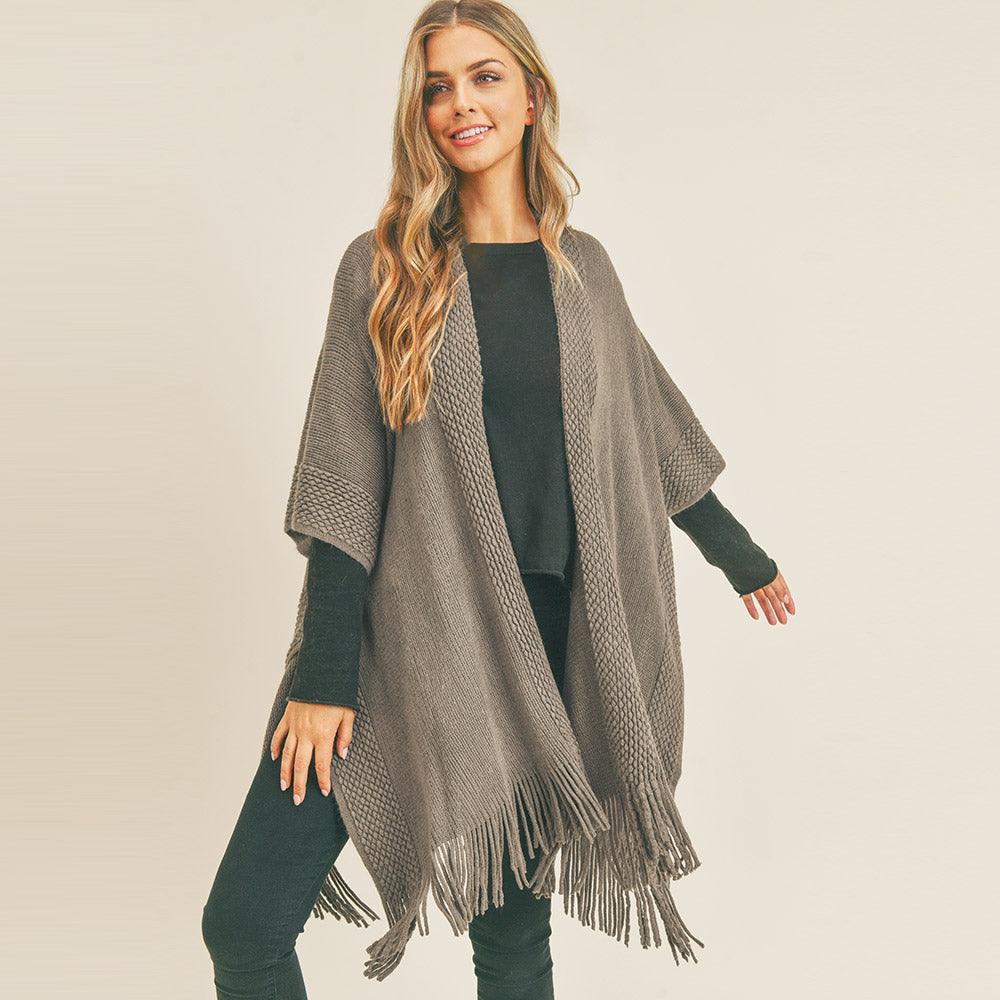 Gray Trim Detail Fringe Kimono Poncho