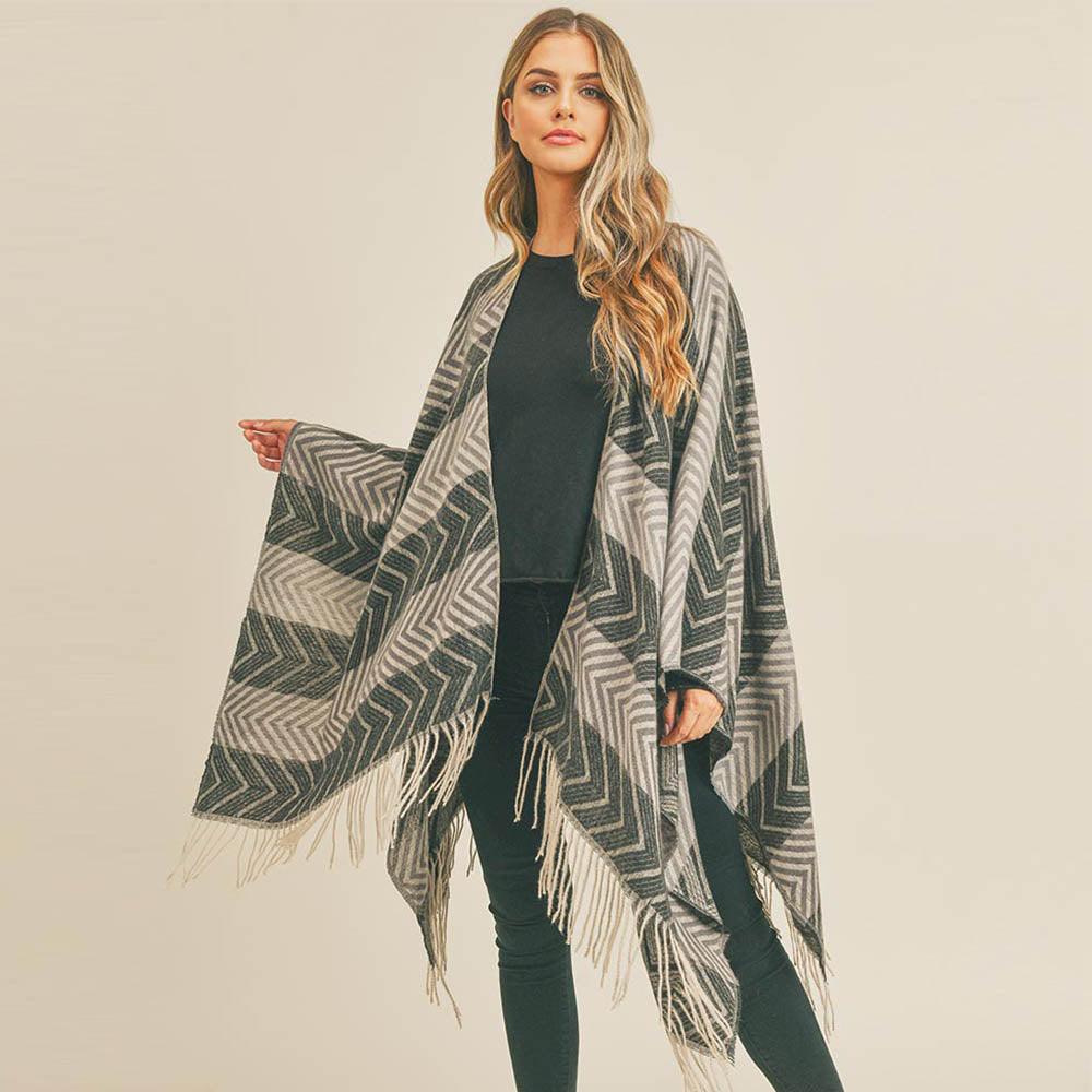 Black Stripe Chevron Tassel Ruana Poncho