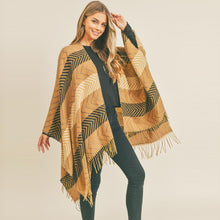 Load image into Gallery viewer, Taupe Stripe Chevron Tassel Ruana Poncho
