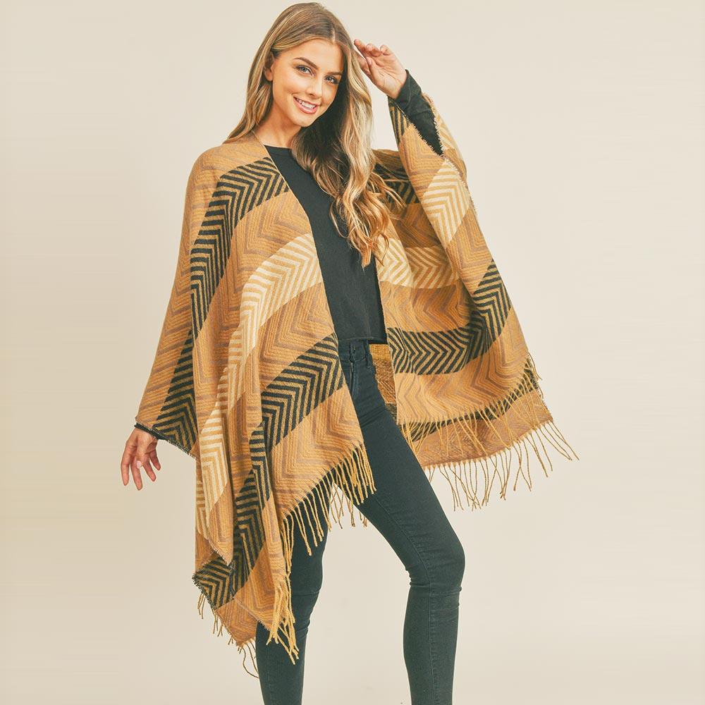 Taupe Stripe Chevron Tassel Ruana Poncho