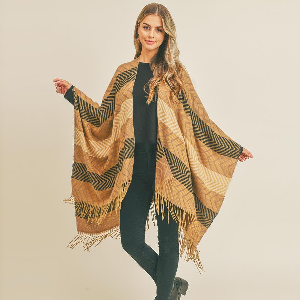 Taupe Stripe Chevron Tassel Ruana Poncho - Jewelry Store by Erik Rayo