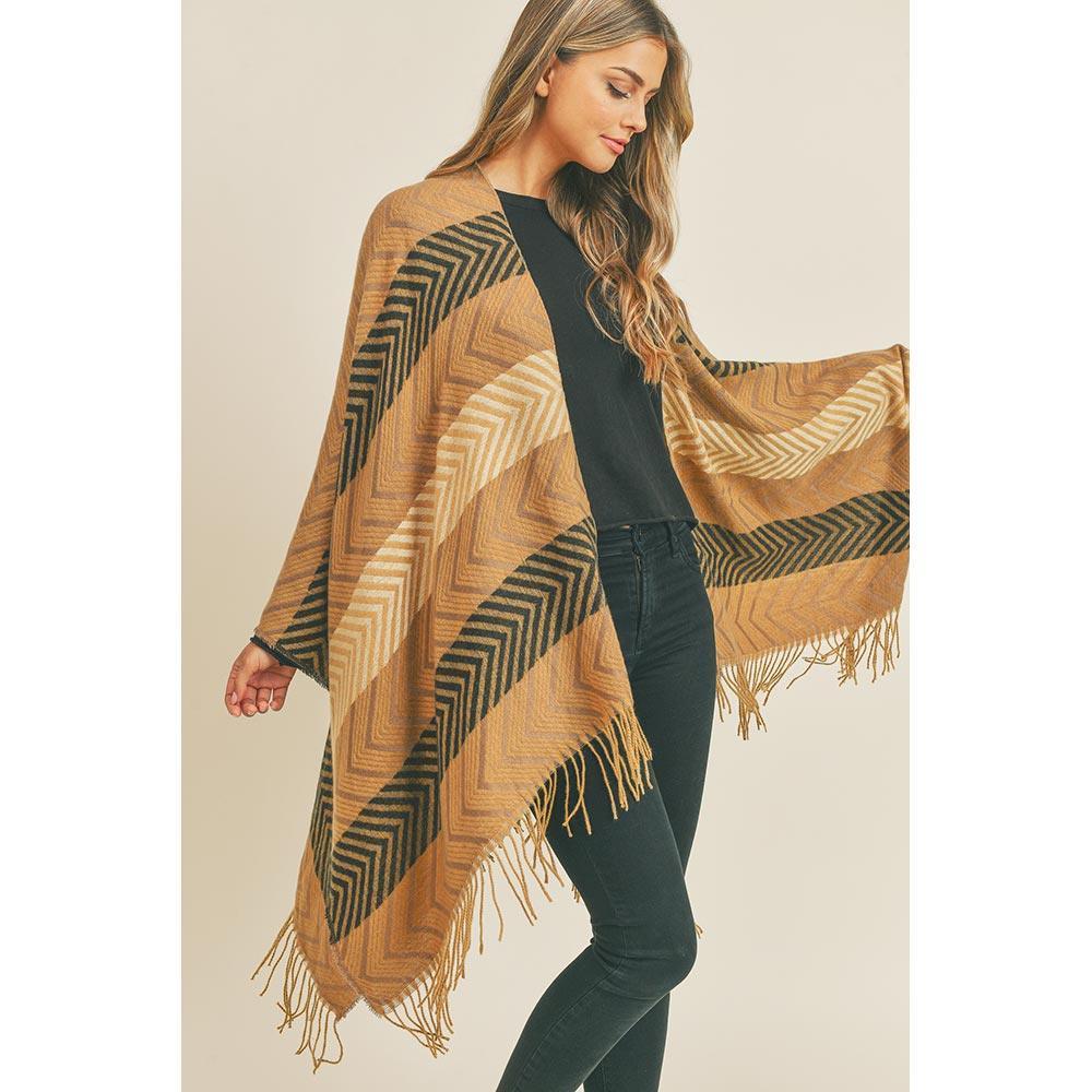 Taupe Stripe Chevron Tassel Ruana Poncho - Jewelry Store by Erik Rayo
