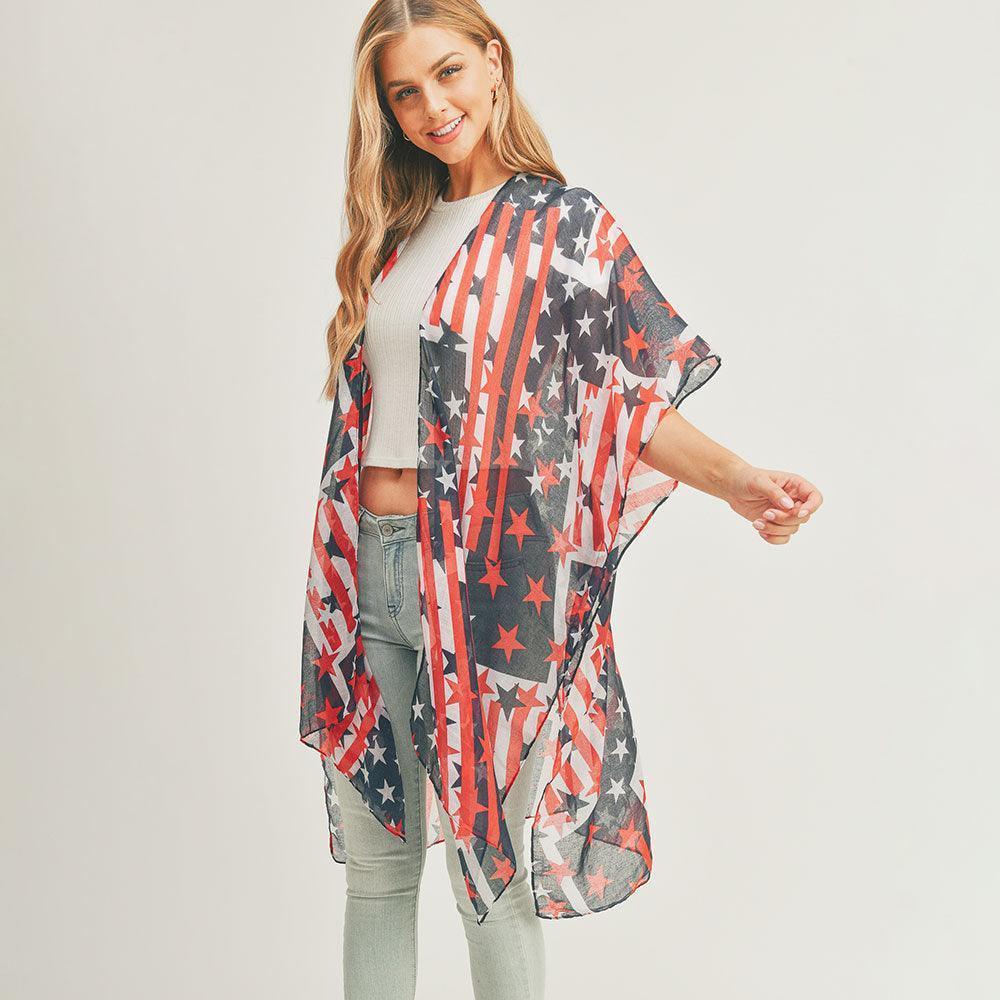 American USA Flag Printed Cover Up Kimono Poncho - Jewelry Store by Erik Rayo