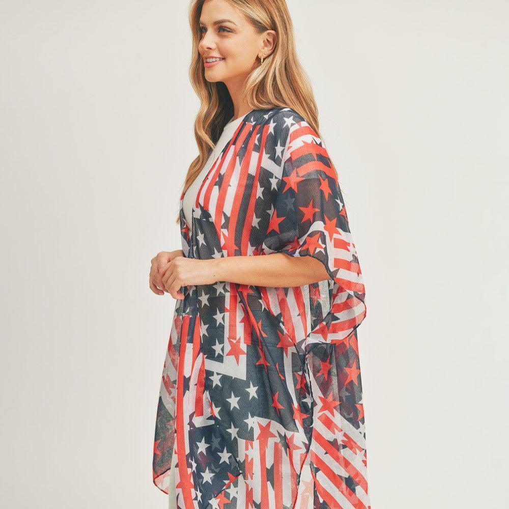 American USA Flag Printed Cover Up Kimono Poncho - Jewelry Store by Erik Rayo