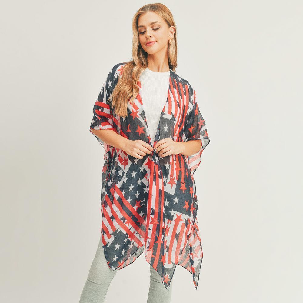 American USA Flag Printed Cover Up Kimono Poncho - Jewelry Store by Erik Rayo