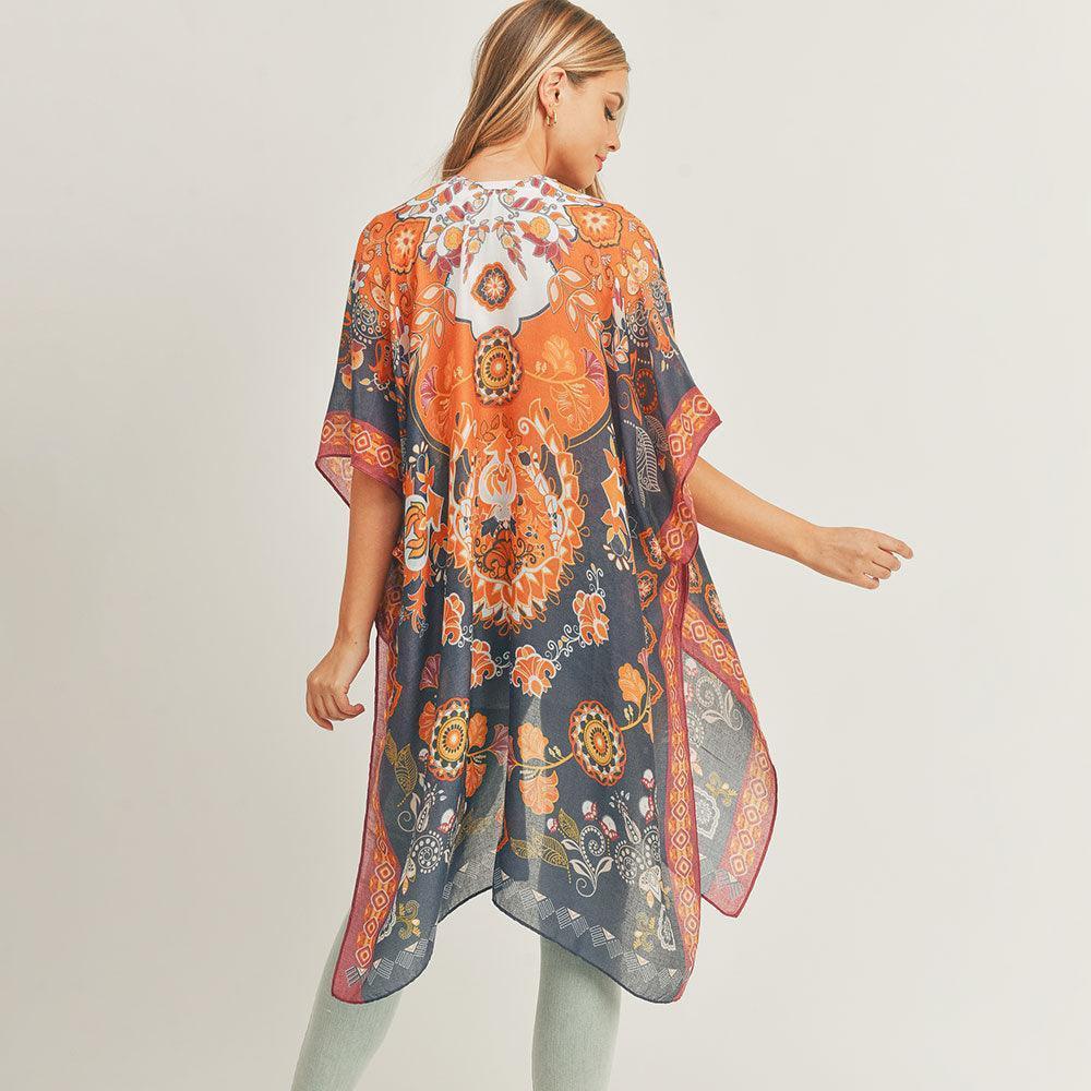 Navy Floral Leaf Print Cover Up Kimono Poncho - Jewelry Store by Erik Rayo