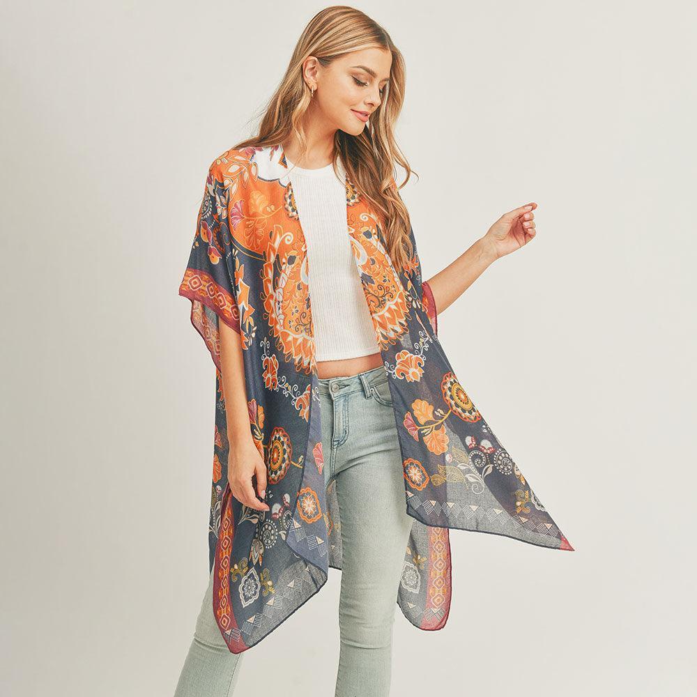 Navy Floral Leaf Print Cover Up Kimono Poncho - Jewelry Store by Erik Rayo