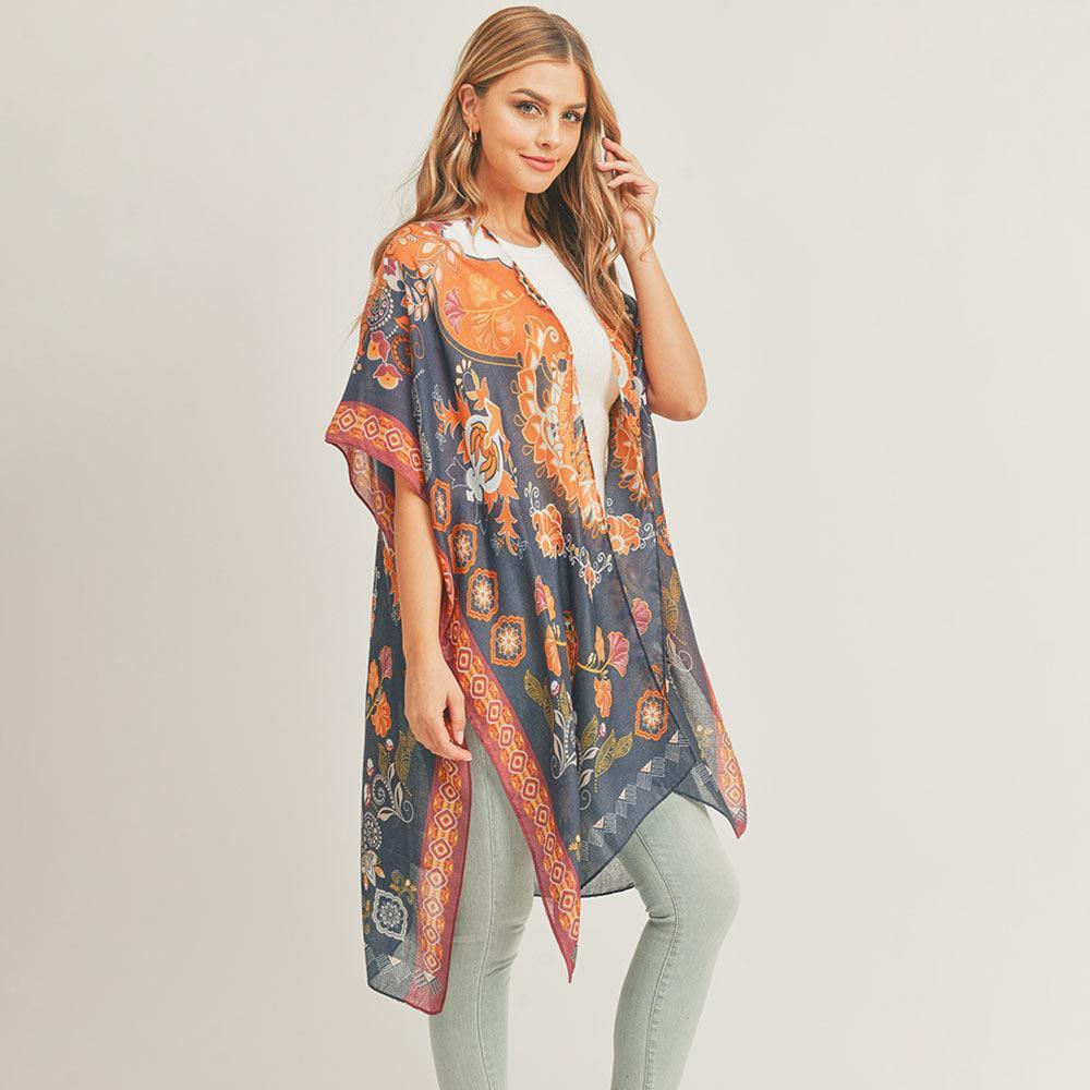 Navy Floral Leaf Print Cover Up Kimono Poncho - Jewelry Store by Erik Rayo