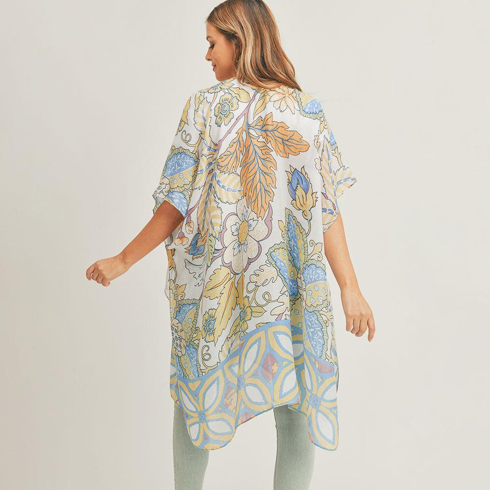 Blue Flower Leaf Print Cover Up Kimono Poncho - Jewelry Store by Erik Rayo
