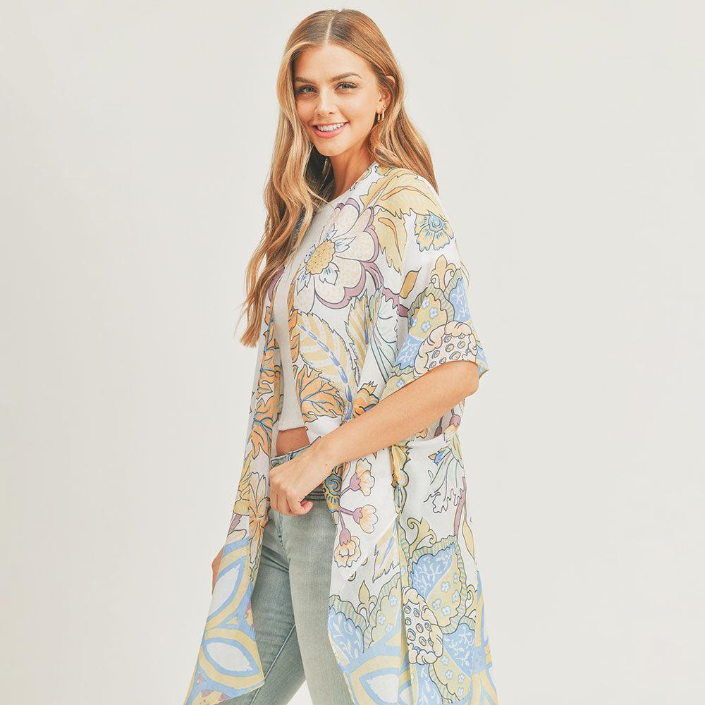 Blue Flower Leaf Print Cover Up Kimono Poncho - Jewelry Store by Erik Rayo