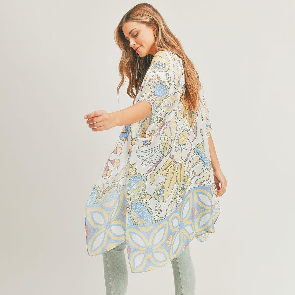 Blue Flower Leaf Print Cover Up Kimono Poncho - Jewelry Store by Erik Rayo