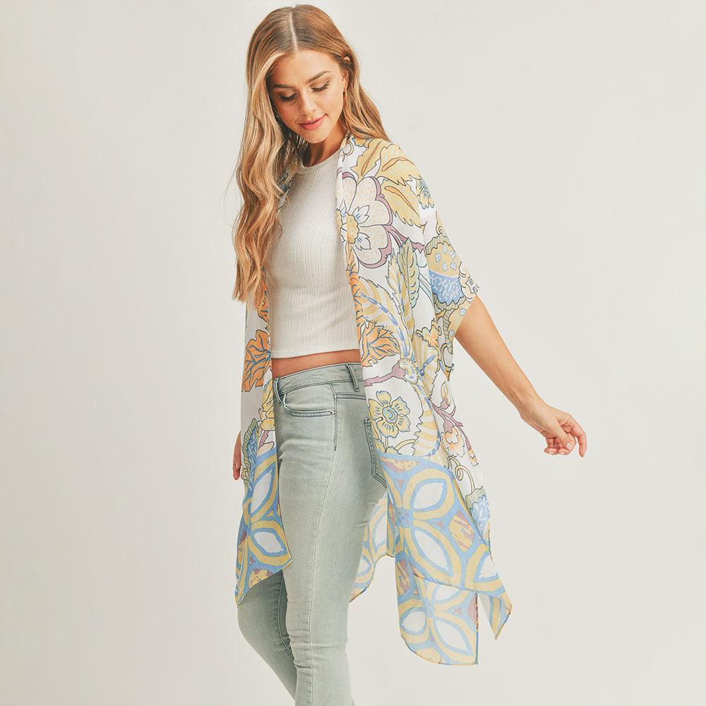 Blue Flower Leaf Print Cover Up Kimono Poncho - Jewelry Store by Erik Rayo