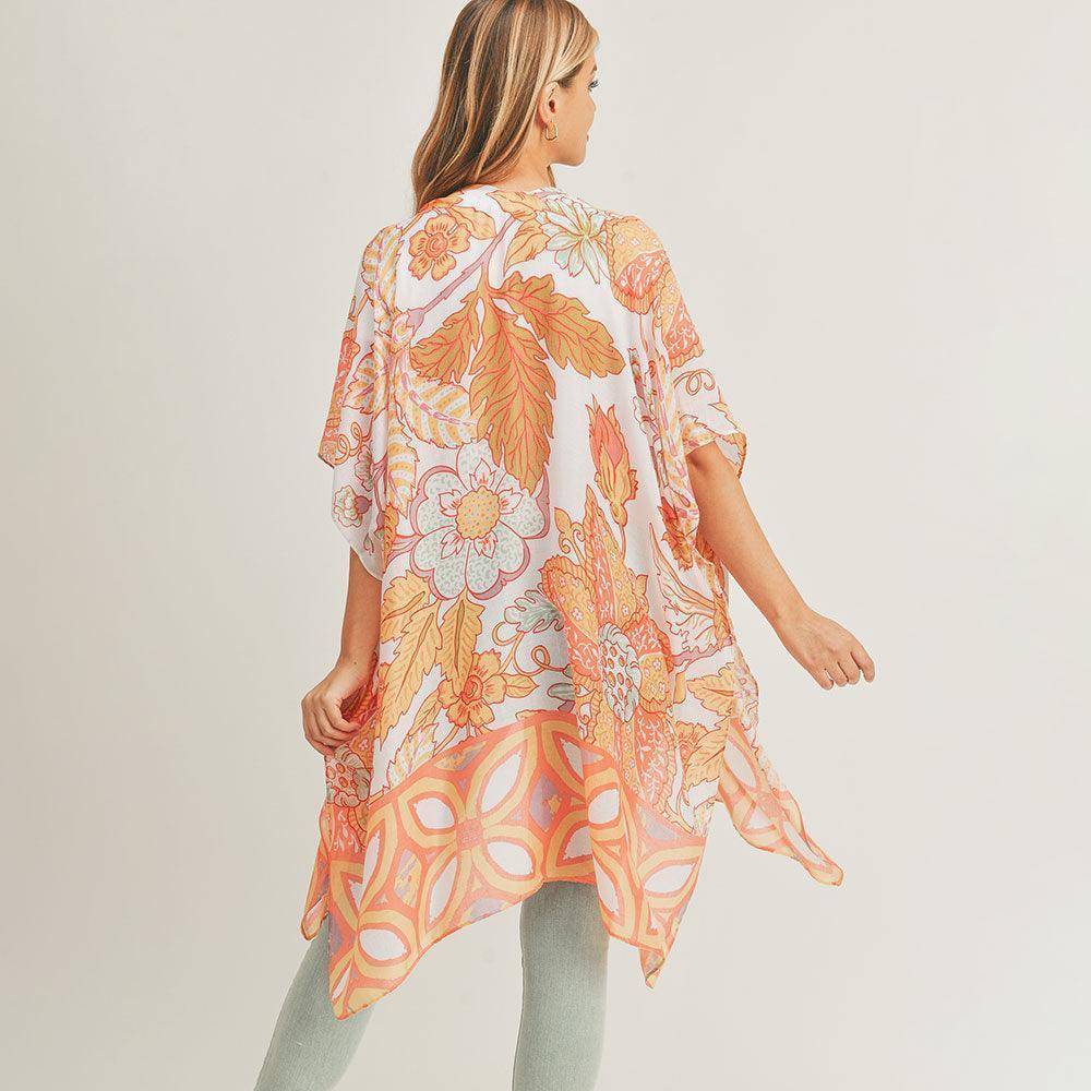 Coral Flower Leaf Print Cover Up Kimono Poncho - Jewelry Store by Erik Rayo