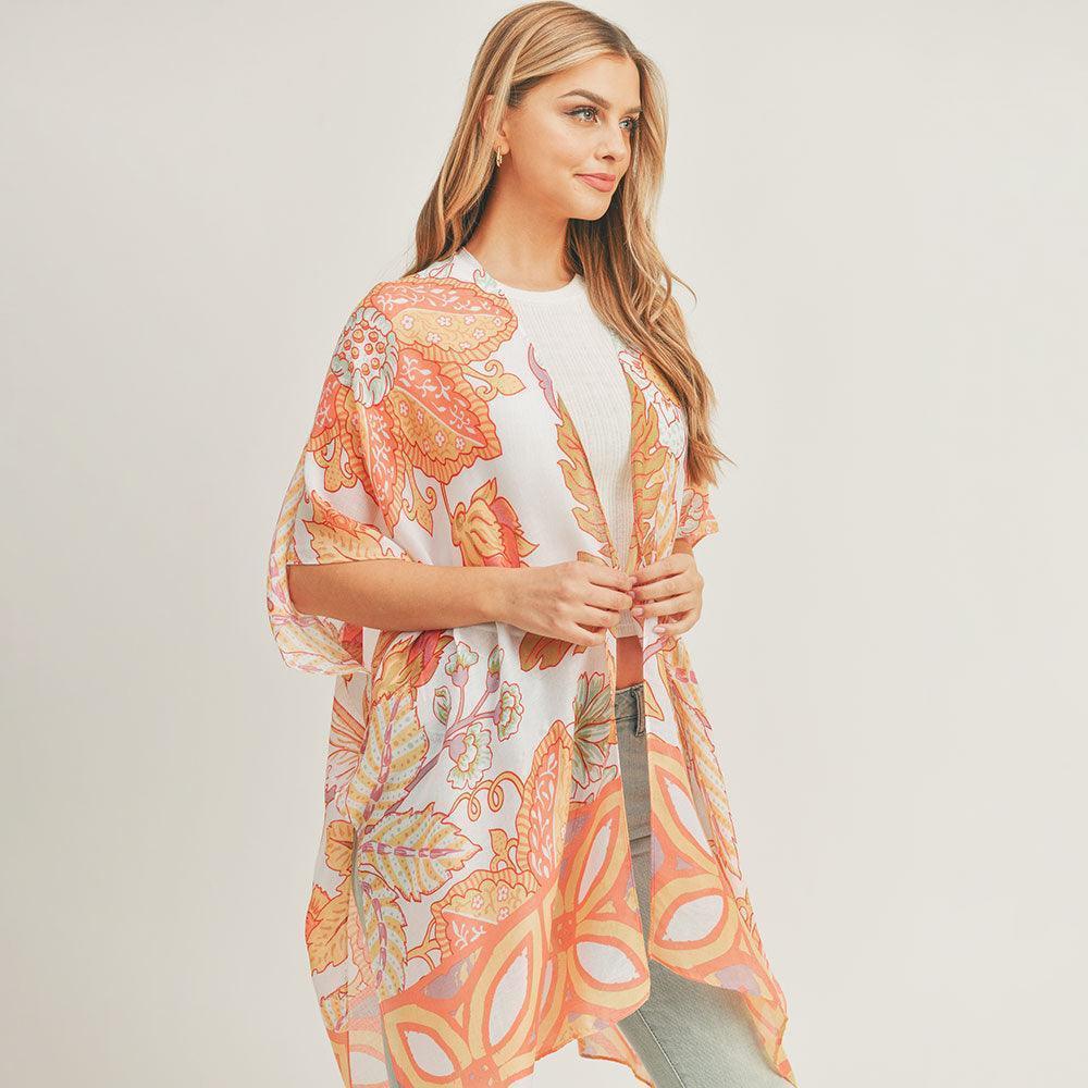 Coral Flower Leaf Print Cover Up Kimono Poncho - Jewelry Store by Erik Rayo