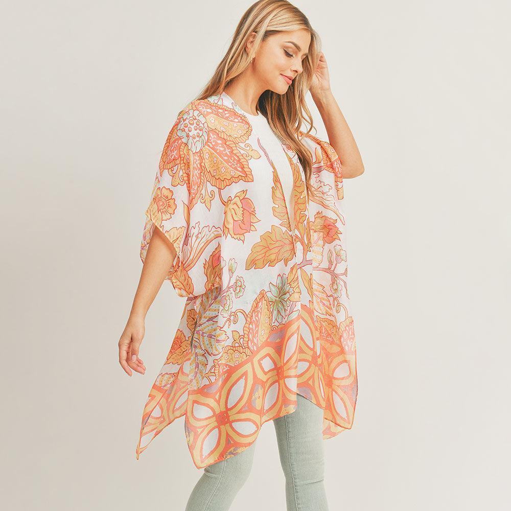 Coral Flower Leaf Print Cover Up Kimono Poncho - Jewelry Store by Erik Rayo