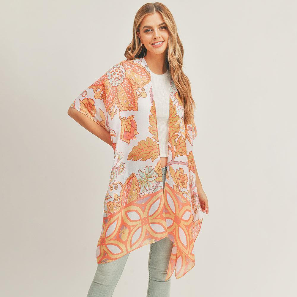 Coral Flower Leaf Print Cover Up Kimono Poncho - Jewelry Store by Erik Rayo