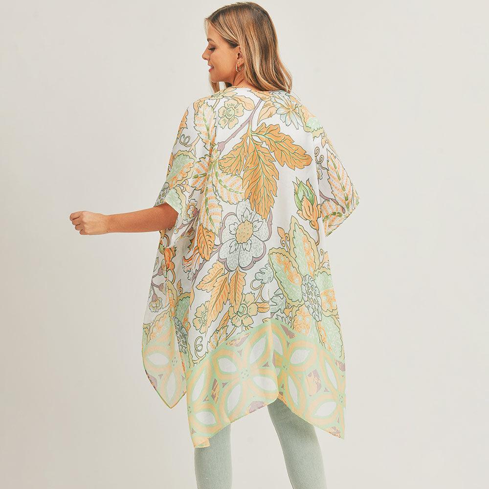 Green Flower Leaf Print Cover Up Kimono Poncho - Jewelry Store by Erik Rayo