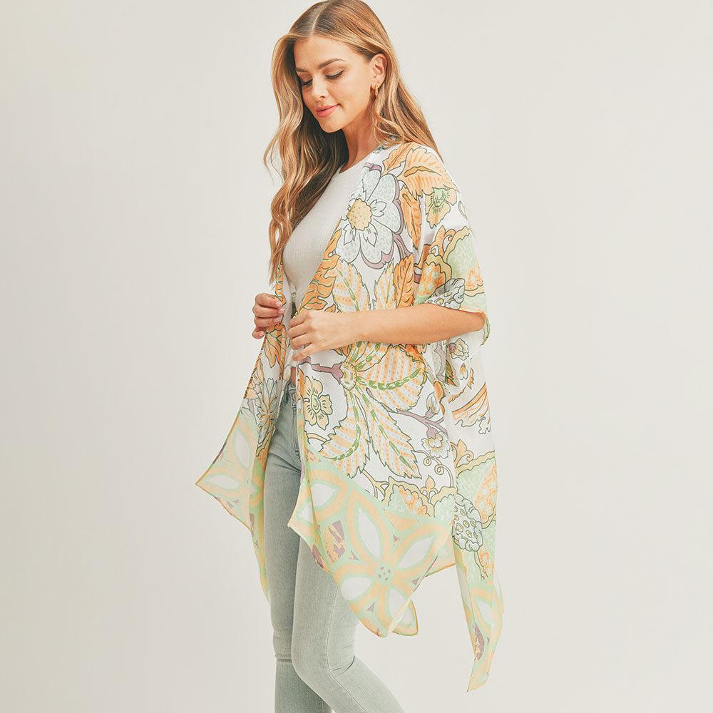 Green Flower Leaf Print Cover Up Kimono Poncho - Jewelry Store by Erik Rayo