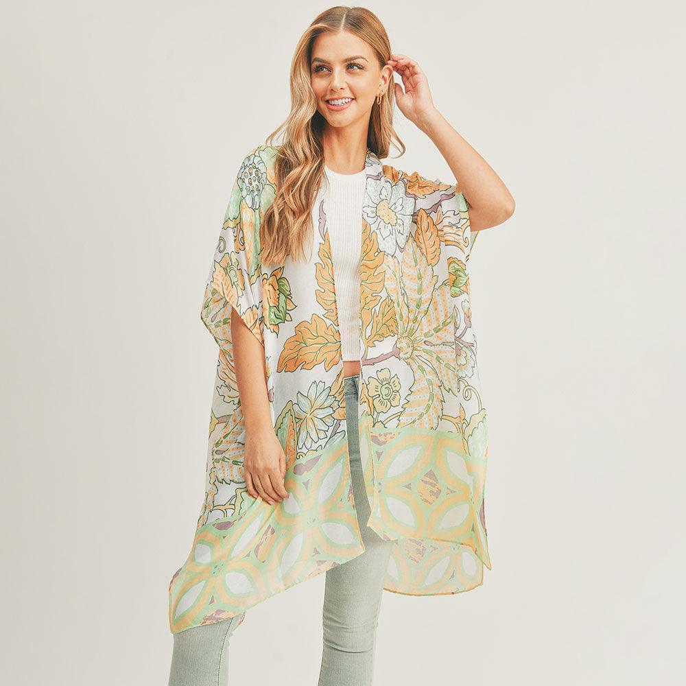 Green Flower Leaf Print Cover Up Kimono Poncho - Jewelry Store by Erik Rayo