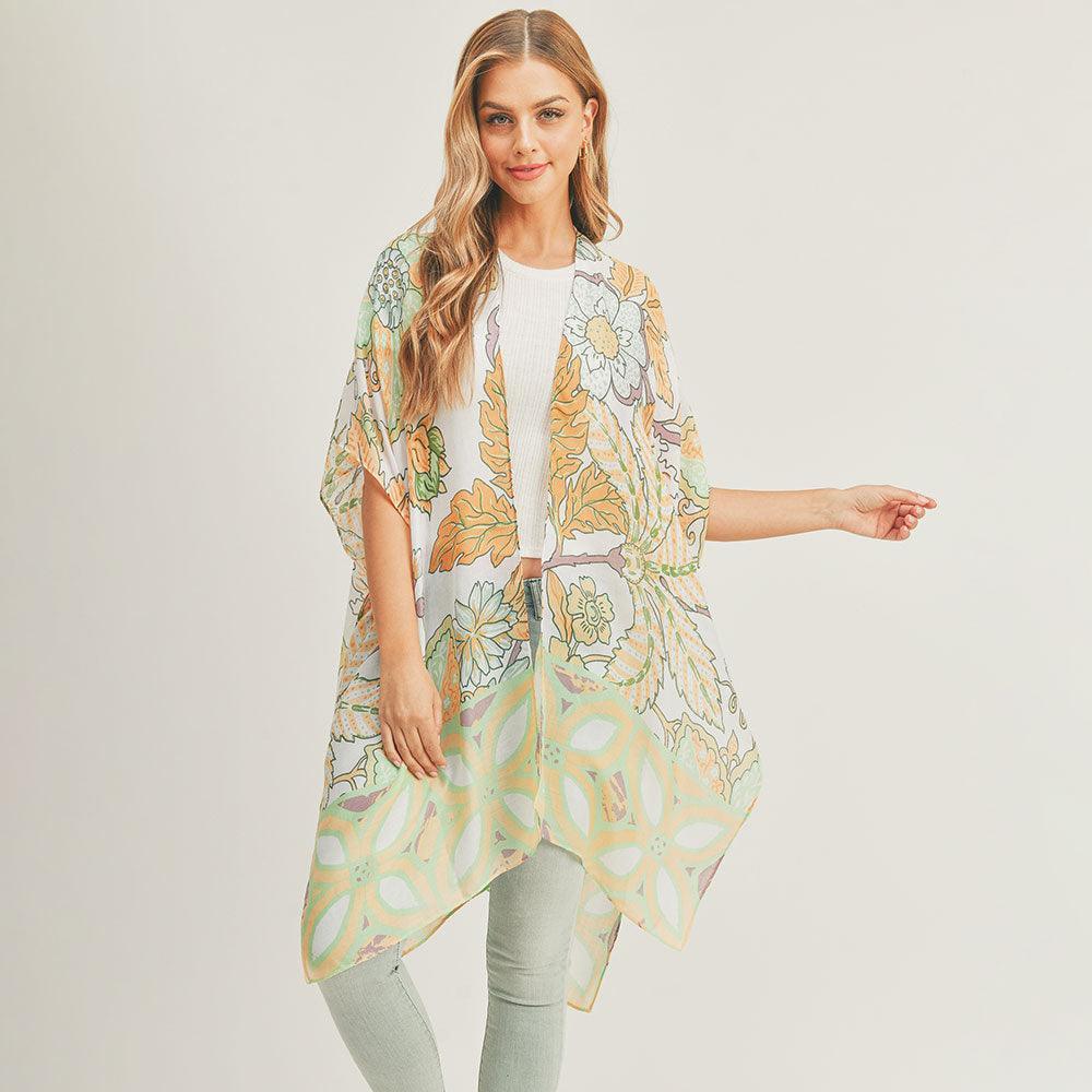 Green Flower Leaf Print Cover Up Kimono Poncho - Jewelry Store by Erik Rayo