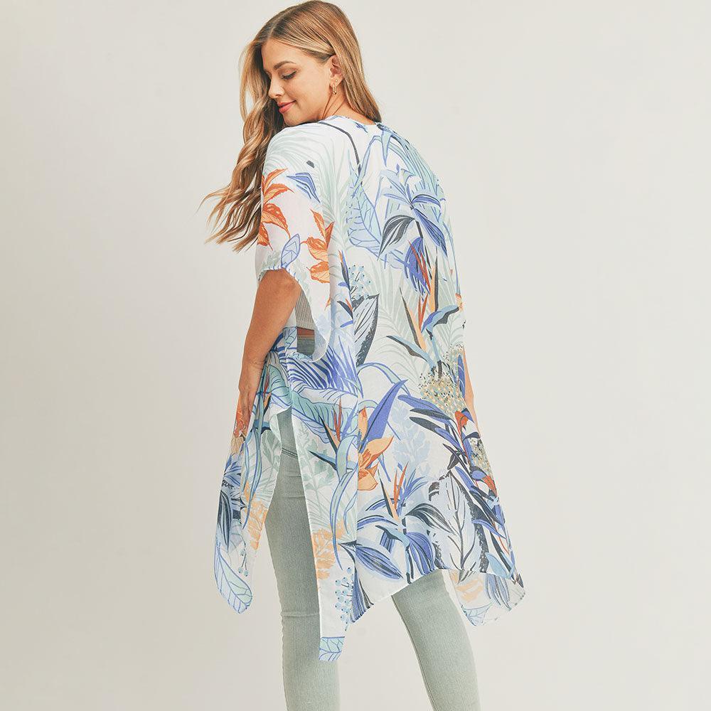 Blue Flower Leaf Print Cover Up Kimono Poncho - Jewelry Store by Erik Rayo