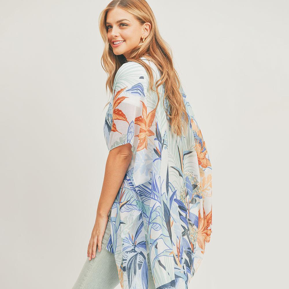 Blue Flower Leaf Print Cover Up Kimono Poncho - Jewelry Store by Erik Rayo