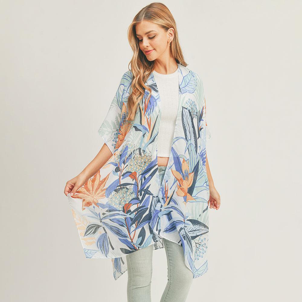 Blue Flower Leaf Print Cover Up Kimono Poncho - Jewelry Store by Erik Rayo