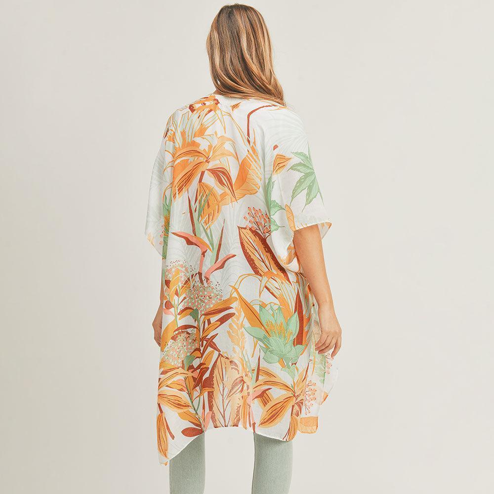 Taupe Flower Leaf Print Cover Up Kimono Poncho - Jewelry Store by Erik Rayo