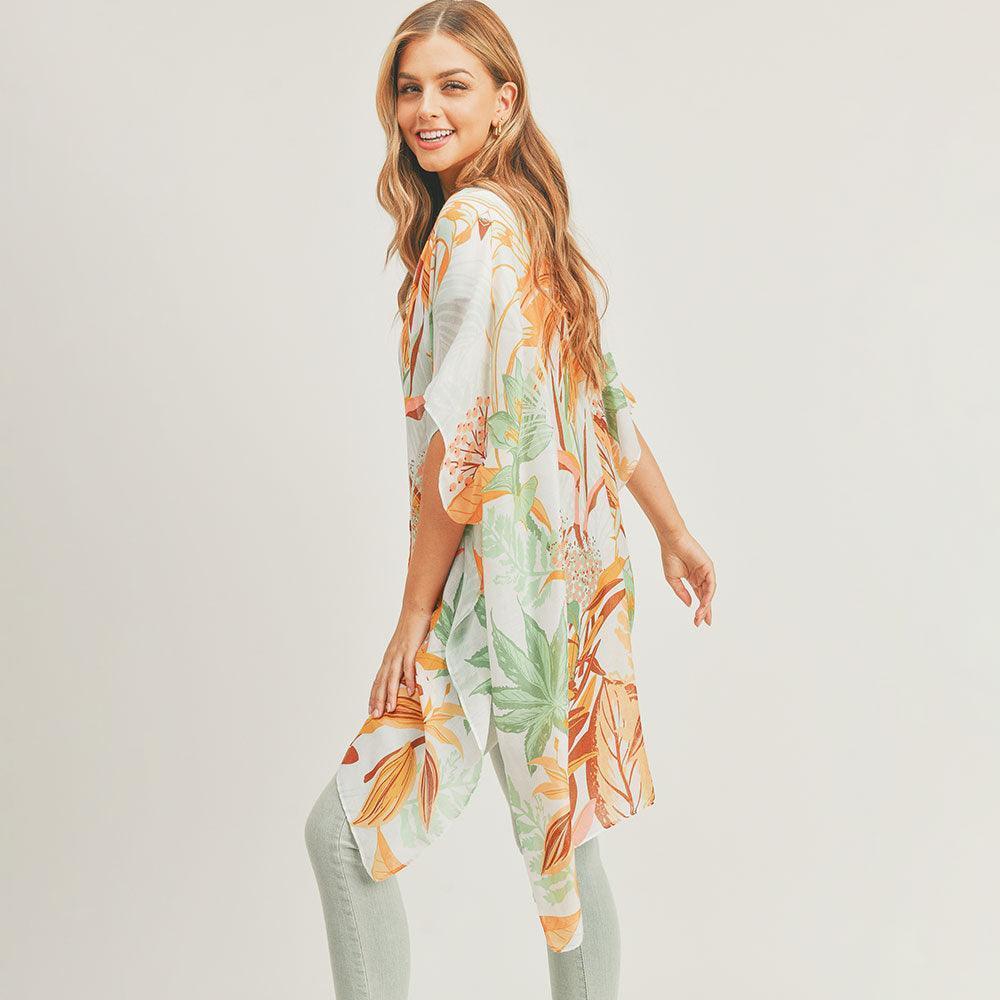Taupe Flower Leaf Print Cover Up Kimono Poncho - Jewelry Store by Erik Rayo