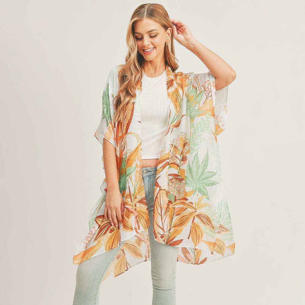 Taupe Flower Leaf Print Cover Up Kimono Poncho - Jewelry Store by Erik Rayo