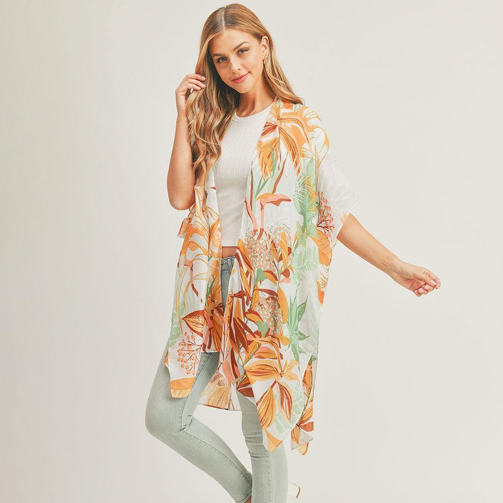 Taupe Flower Leaf Print Cover Up Kimono Poncho - Jewelry Store by Erik Rayo