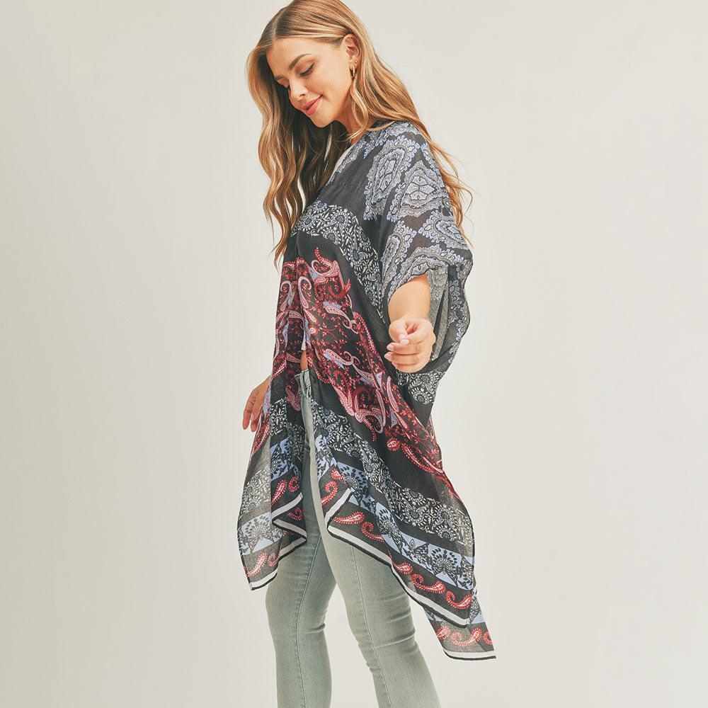 Black Paisley Print Cover Up Kimono Poncho - Jewelry Store by Erik Rayo