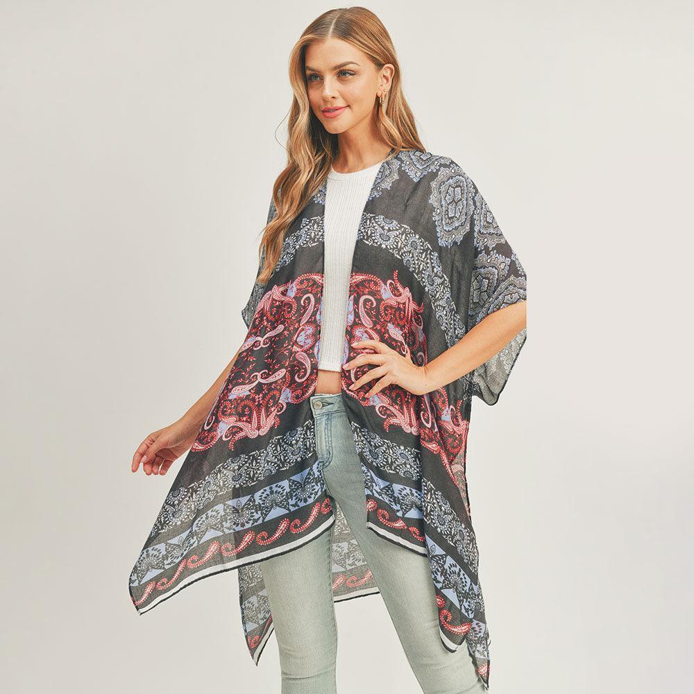 Black Paisley Print Cover Up Kimono Poncho - Jewelry Store by Erik Rayo