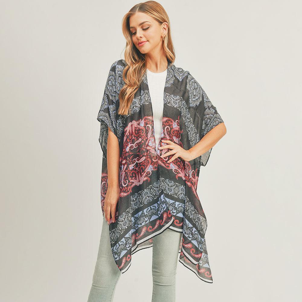 Black Paisley Print Cover Up Kimono Poncho - Jewelry Store by Erik Rayo
